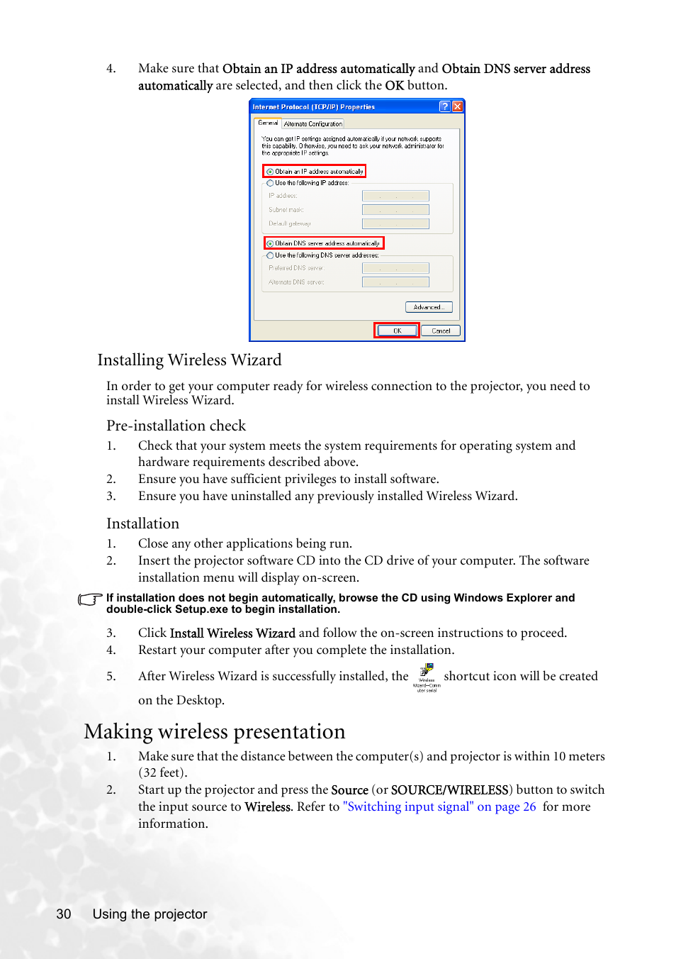 Making wireless presentation, Making, Installing wireless wizard | BenQ CP120 User Manual | Page 38 / 66