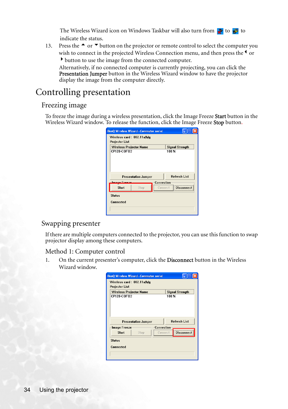 Controlling presentation, Freezing image, Swapping presenter | BenQ CP120 User Manual | Page 42 / 66