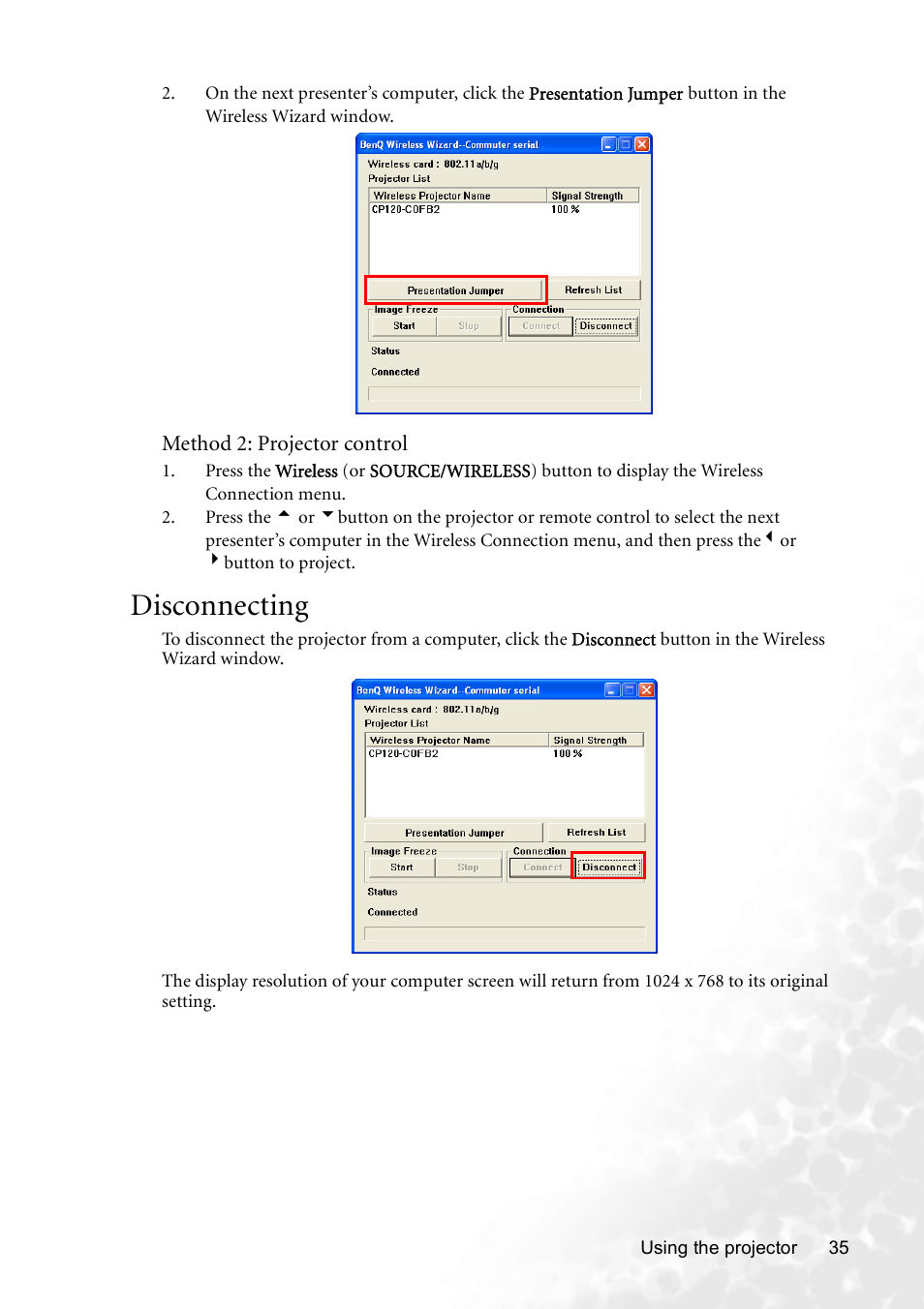 Disconnecting | BenQ CP120 User Manual | Page 43 / 66