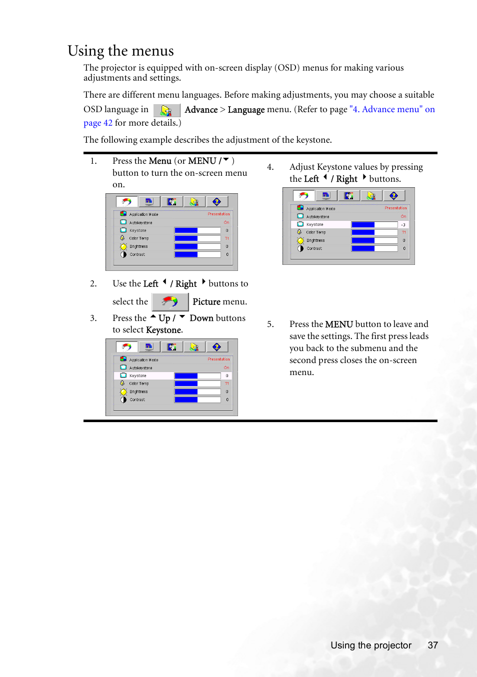 Using the menus, Using, Using the menus" on | BenQ CP120 User Manual | Page 45 / 66