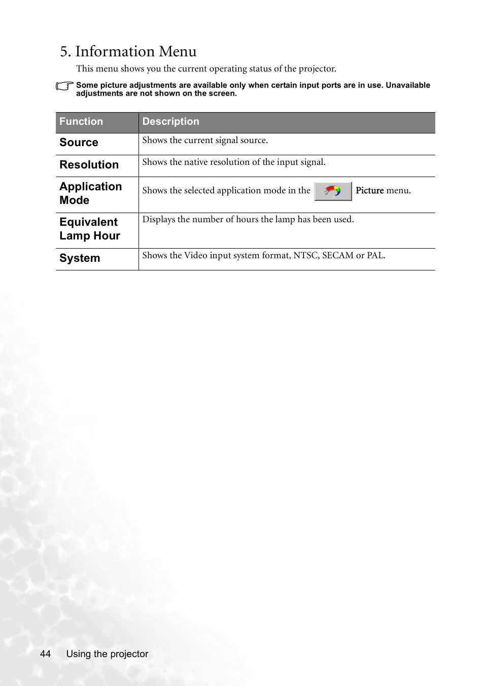 Information menu | BenQ CP120 User Manual | Page 52 / 66