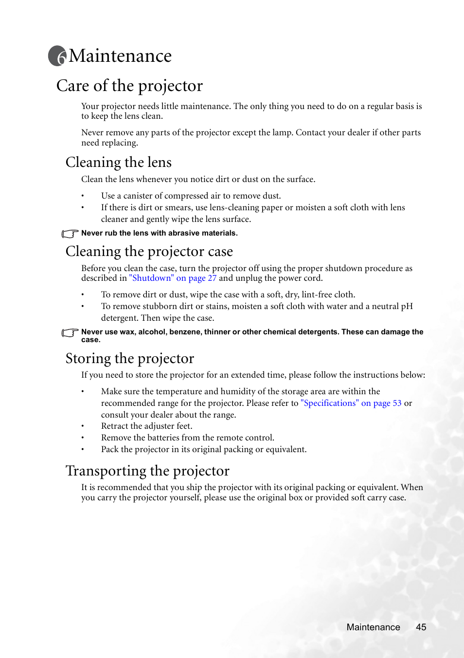 Maintenance, Care of the projector, Cleaning the lens | Cleaning the projector case, Storing the projector, Transporting the projector | BenQ CP120 User Manual | Page 53 / 66