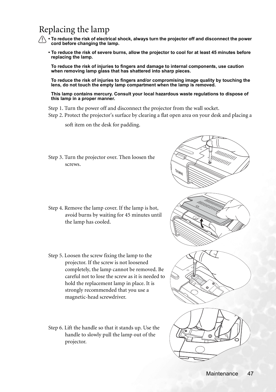 Replacing the lamp | BenQ CP120 User Manual | Page 55 / 66