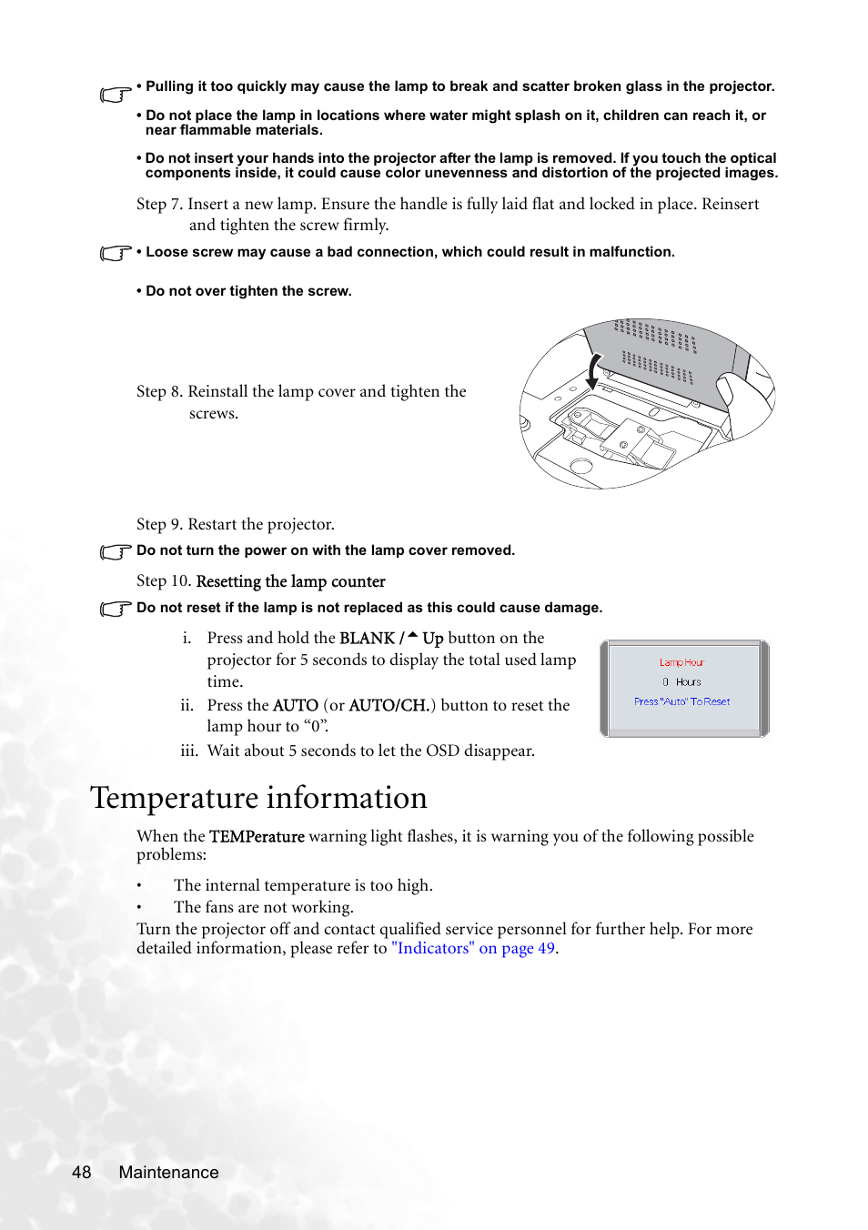 Temperature information | BenQ CP120 User Manual | Page 56 / 66
