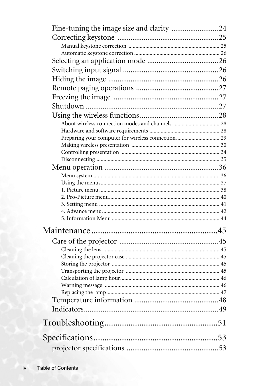 Maintenance, Troubleshooting specifications | BenQ CP120 User Manual | Page 6 / 66