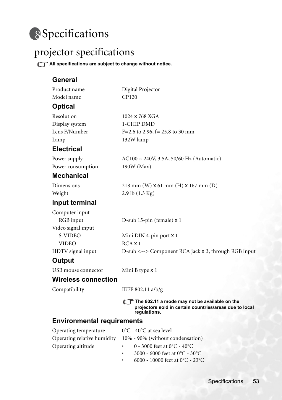 Specifications, Projector specifications | BenQ CP120 User Manual | Page 61 / 66