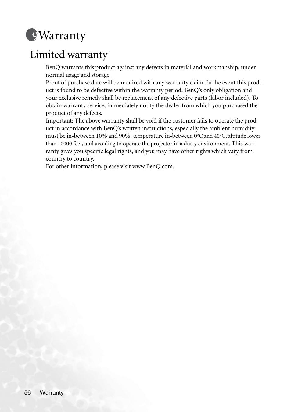 Warranty, Limited warranty | BenQ CP120 User Manual | Page 64 / 66