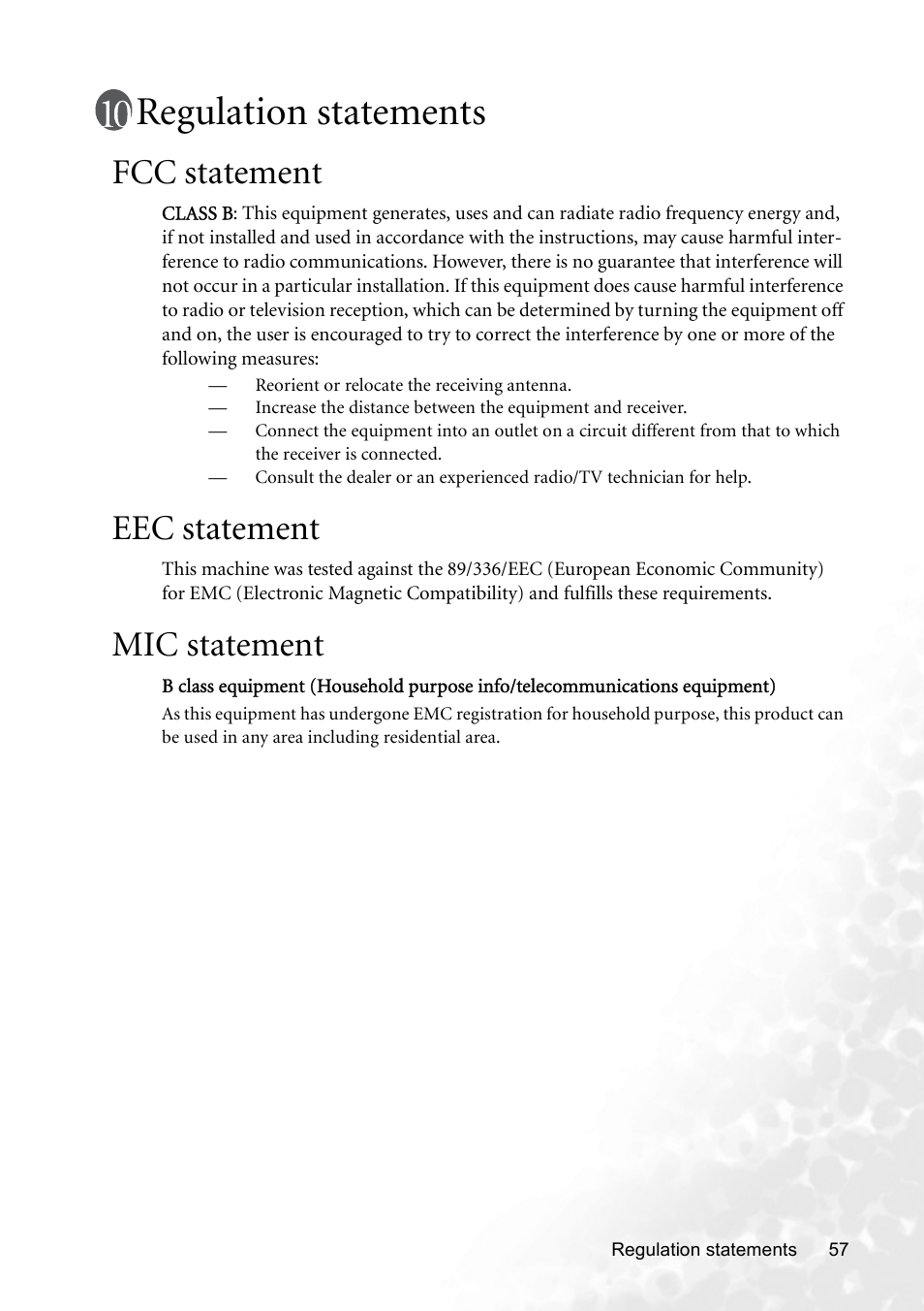 Regulation statements, Fcc statement, Eec statement | Mic statement, Fcc statement eec statement mic statement | BenQ CP120 User Manual | Page 65 / 66