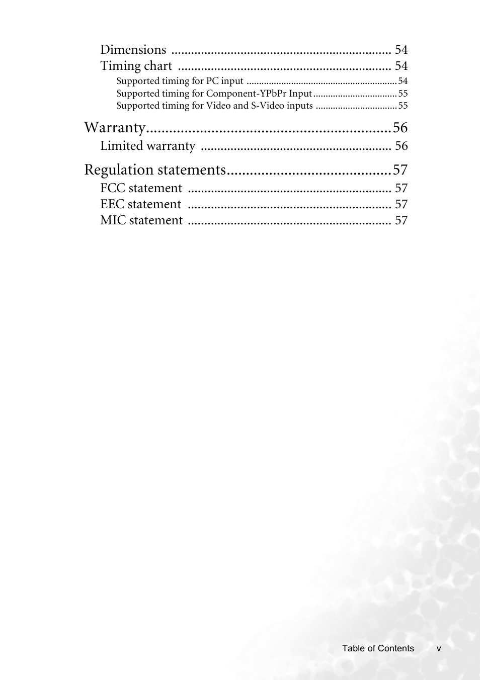 Warranty, Regulation statements | BenQ CP120 User Manual | Page 7 / 66