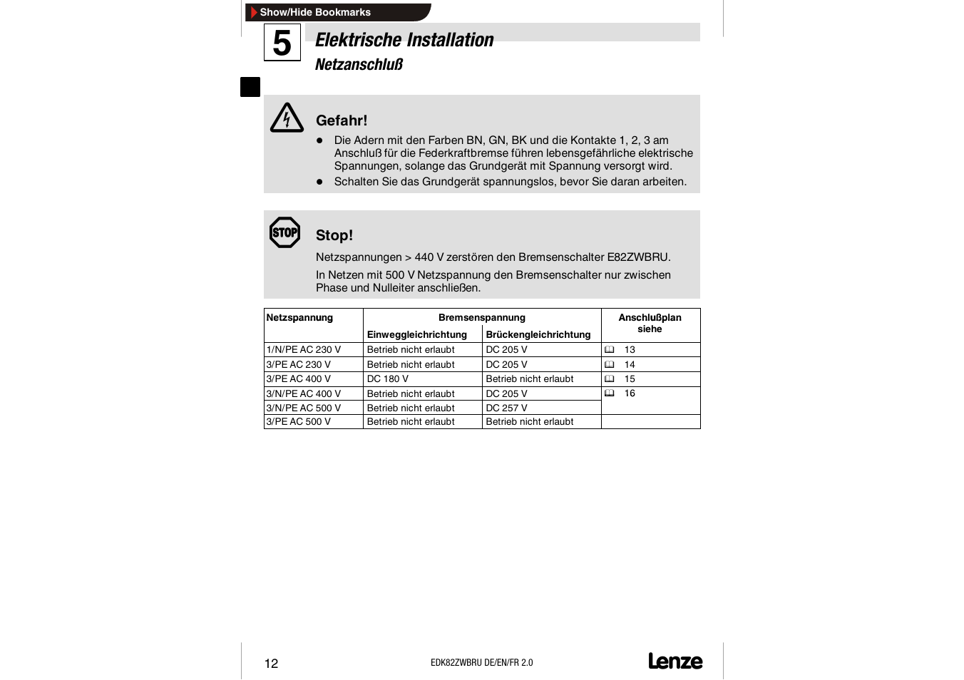 Netzanschluß, Elektrische installation | Lenze E82ZWBRU User Manual | Page 12 / 63