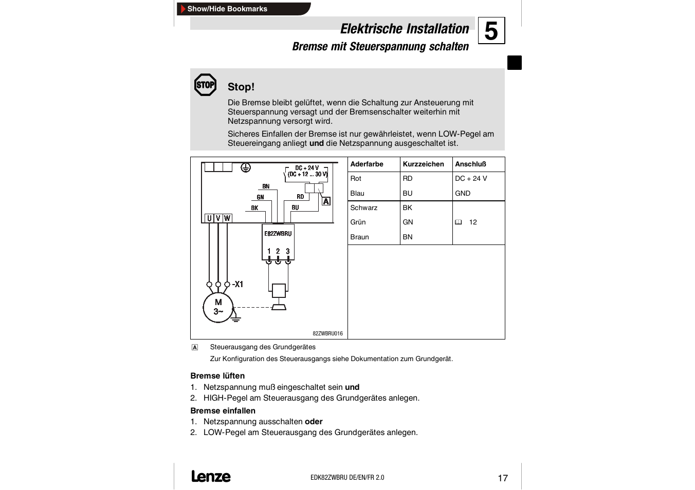 Bremse mit steuerspannung schalten, Elektrische installation, Stop | Lenze E82ZWBRU User Manual | Page 17 / 63