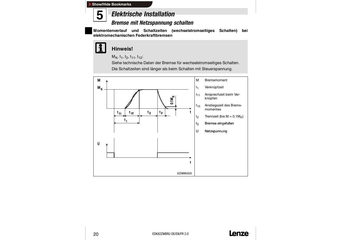 Elektrische installation, Bremse mit netzspannung schalten, Hinweis | Lenze E82ZWBRU User Manual | Page 20 / 63