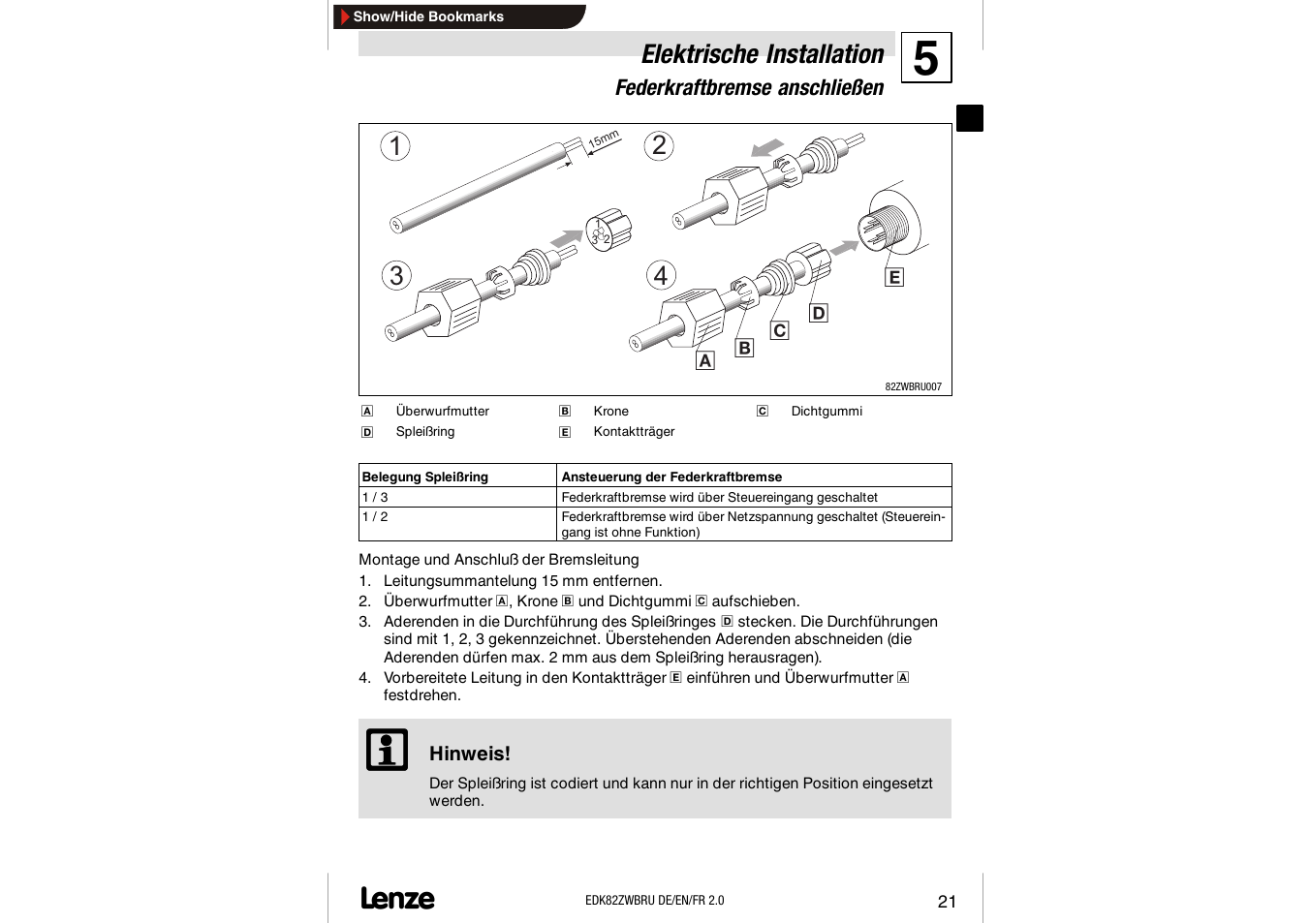 Federkraftbremse anschließen, Elektrische installation | Lenze E82ZWBRU User Manual | Page 21 / 63