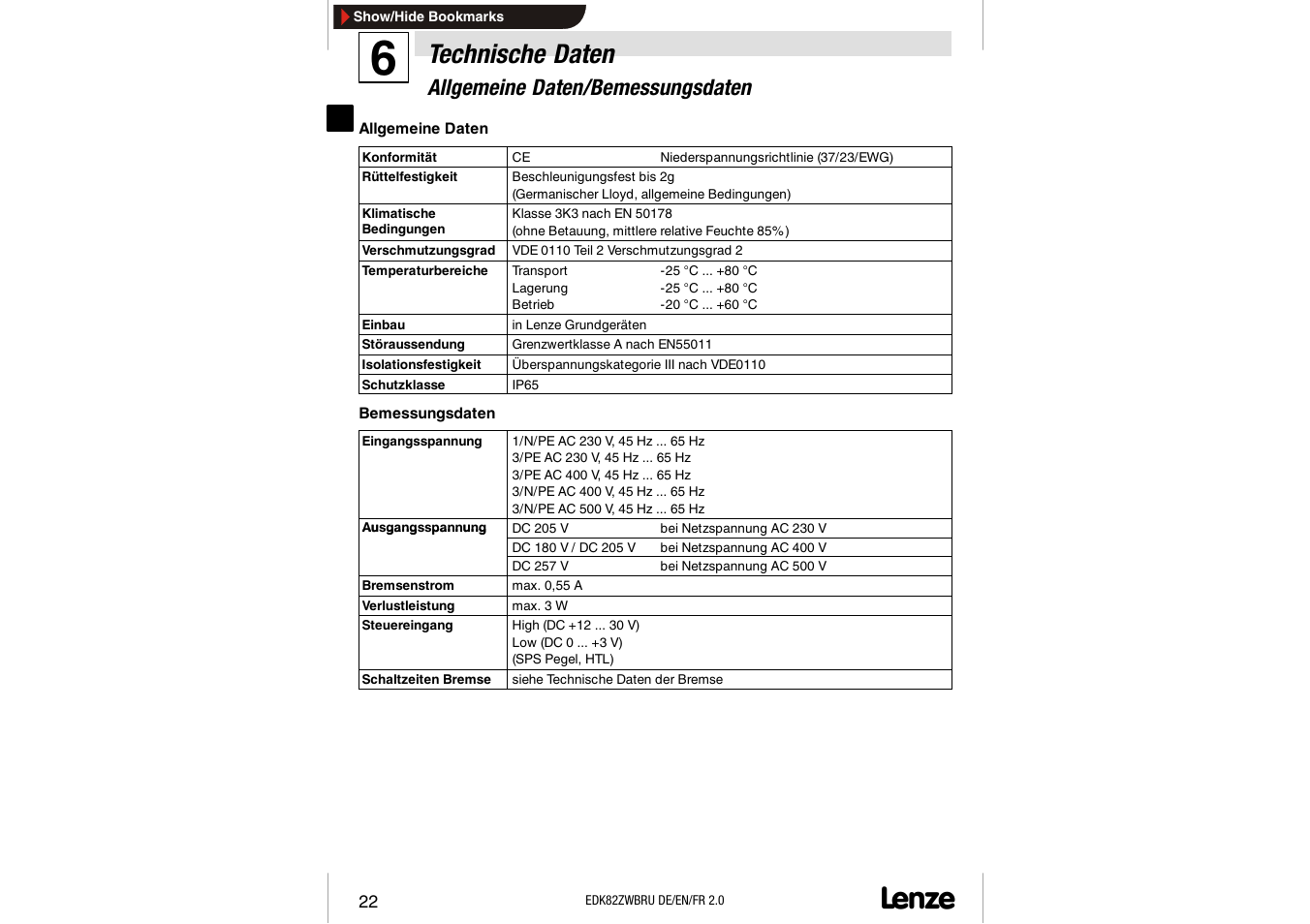 Technische daten, Allgemeine daten/bemessungsdaten | Lenze E82ZWBRU User Manual | Page 22 / 63