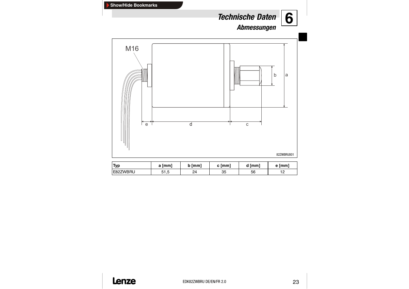Abmessungen, Technische daten | Lenze E82ZWBRU User Manual | Page 23 / 63