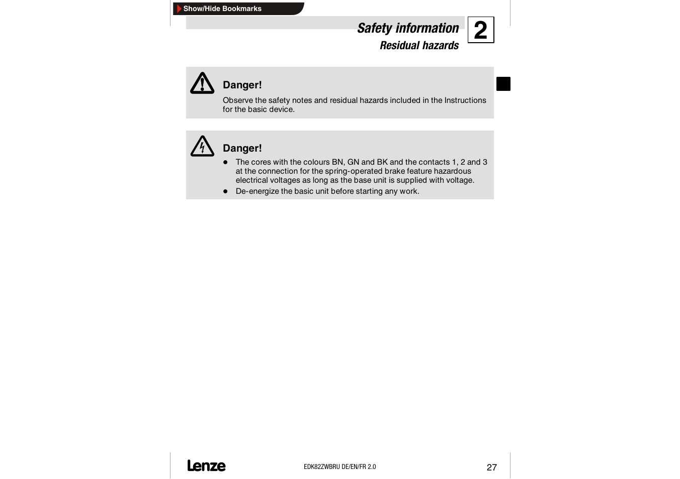 Safety information, Residual hazards | Lenze E82ZWBRU User Manual | Page 27 / 63