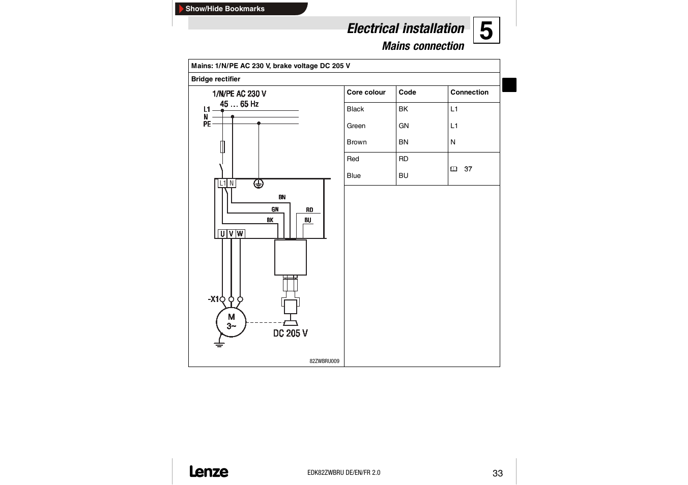 Electrical installation, Mains connection | Lenze E82ZWBRU User Manual | Page 33 / 63