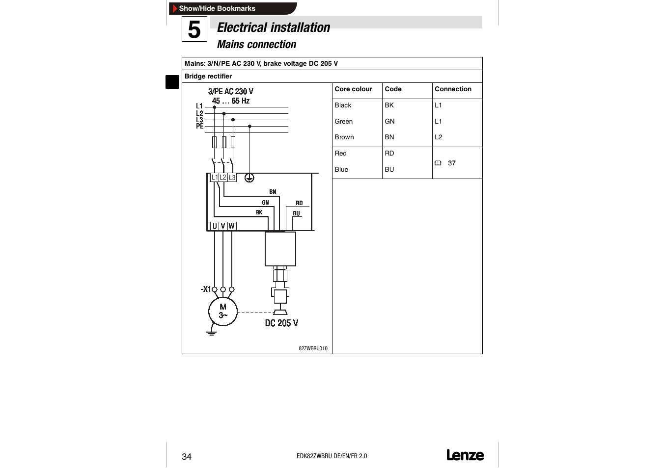 Electrical installation, Mains connection | Lenze E82ZWBRU User Manual | Page 34 / 63