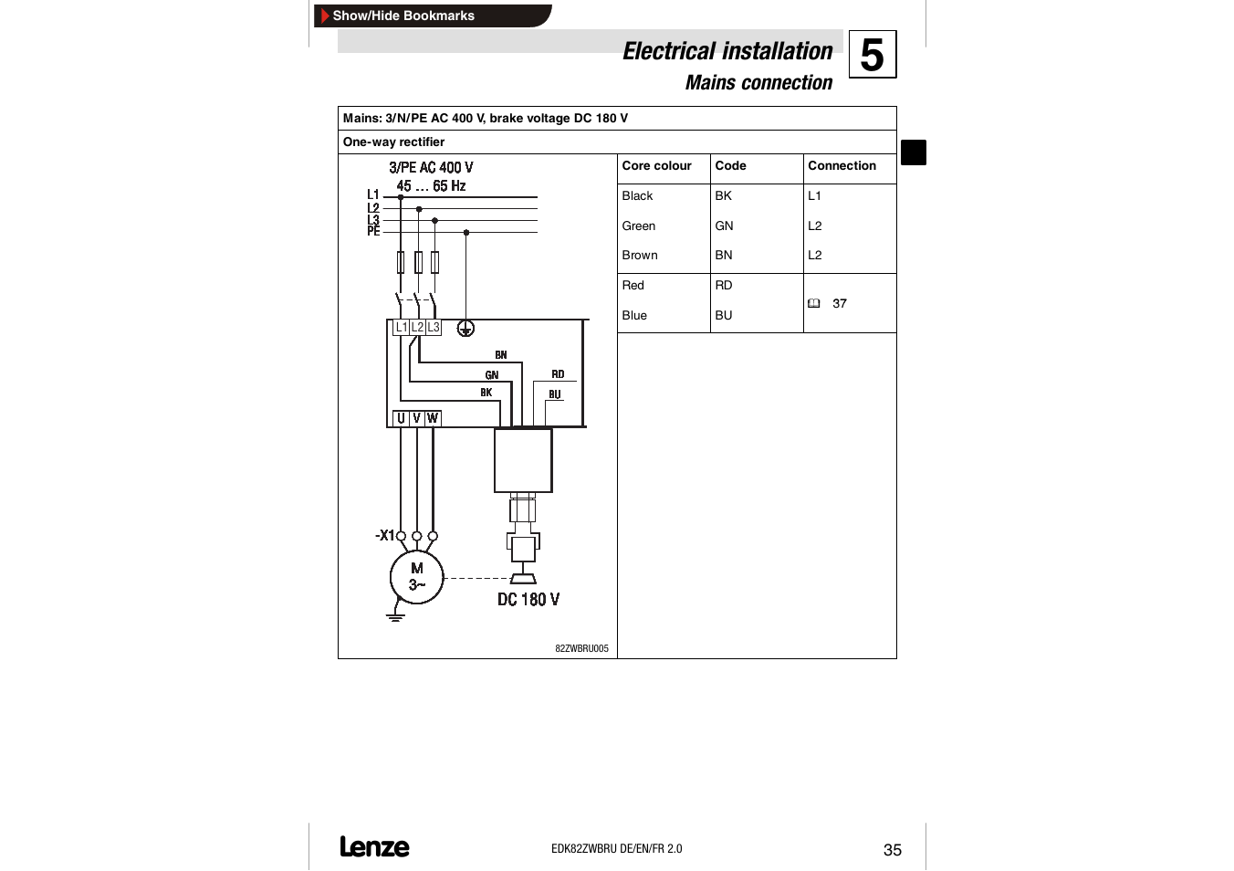 Electrical installation, Mains connection | Lenze E82ZWBRU User Manual | Page 35 / 63