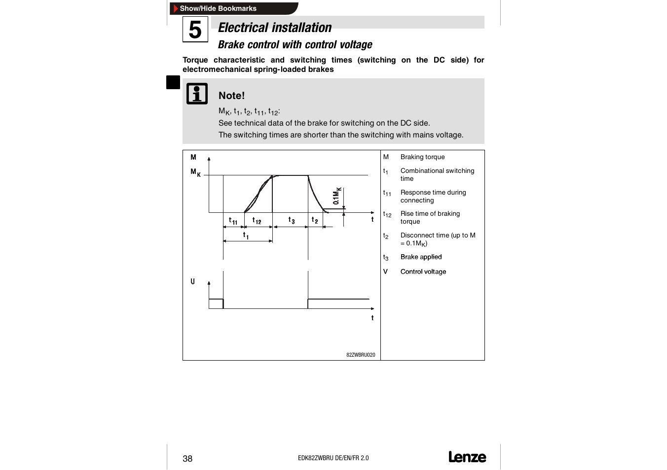 Electrical installation, Brake control with control voltage | Lenze E82ZWBRU User Manual | Page 38 / 63