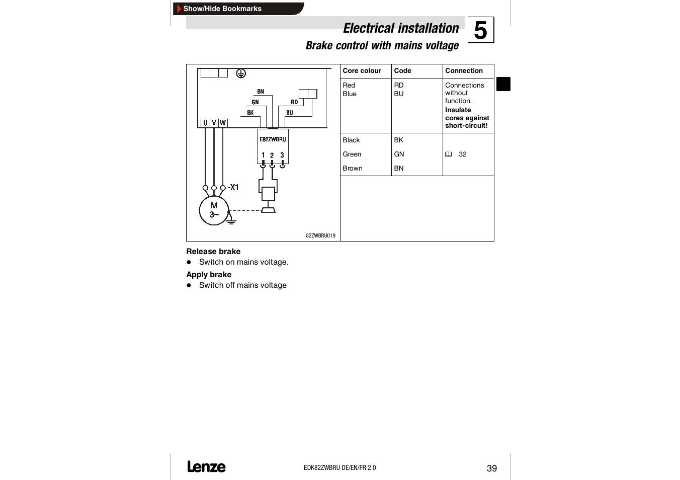 Brake control with mains voltage, Electrical installation | Lenze E82ZWBRU User Manual | Page 39 / 63