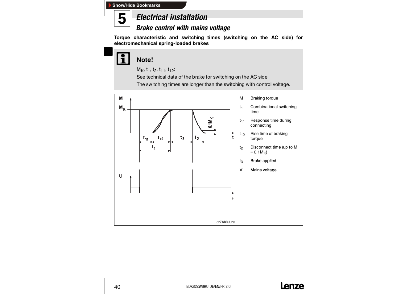 Electrical installation, Brake control with mains voltage | Lenze E82ZWBRU User Manual | Page 40 / 63