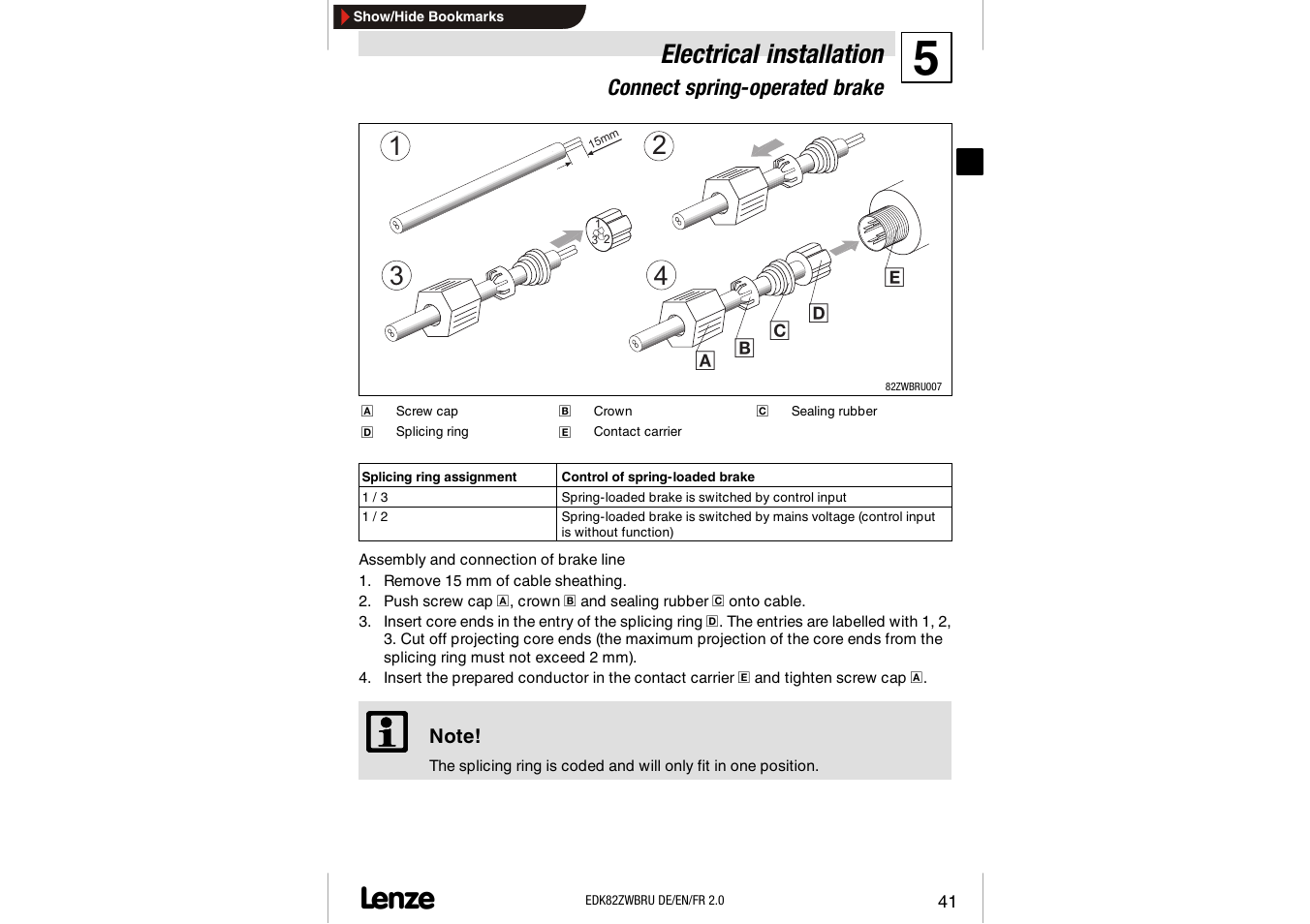 Connect spring-operated brake, Electrical installation | Lenze E82ZWBRU User Manual | Page 41 / 63