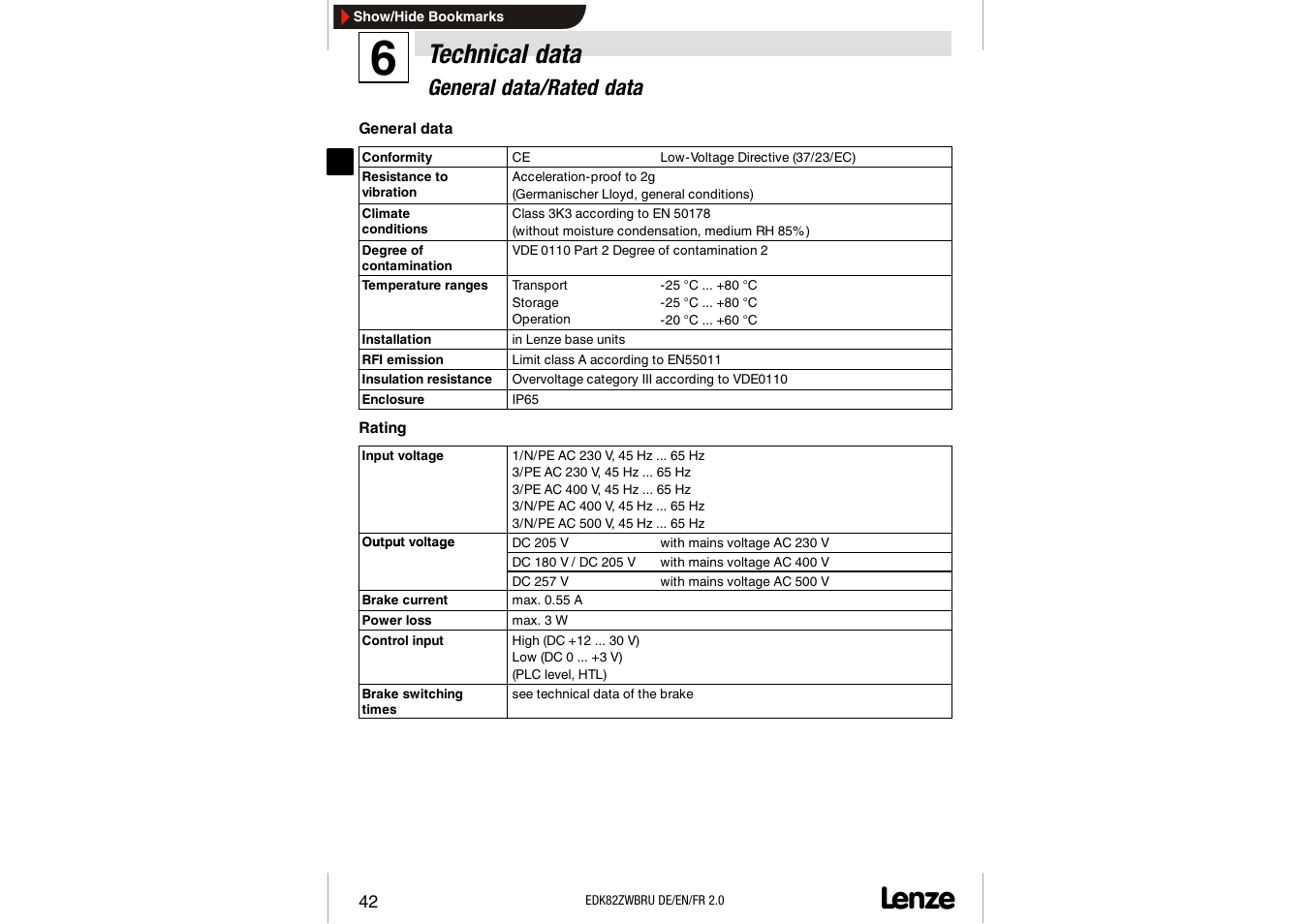 Technical data, General data/rated data | Lenze E82ZWBRU User Manual | Page 42 / 63
