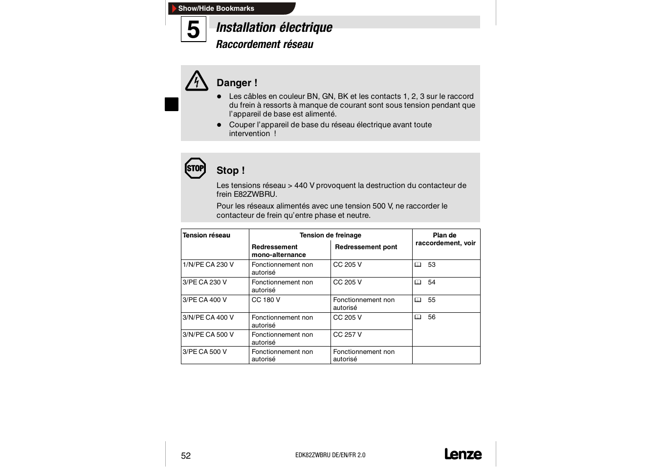 Raccordement réseau, Installation électrique | Lenze E82ZWBRU User Manual | Page 52 / 63
