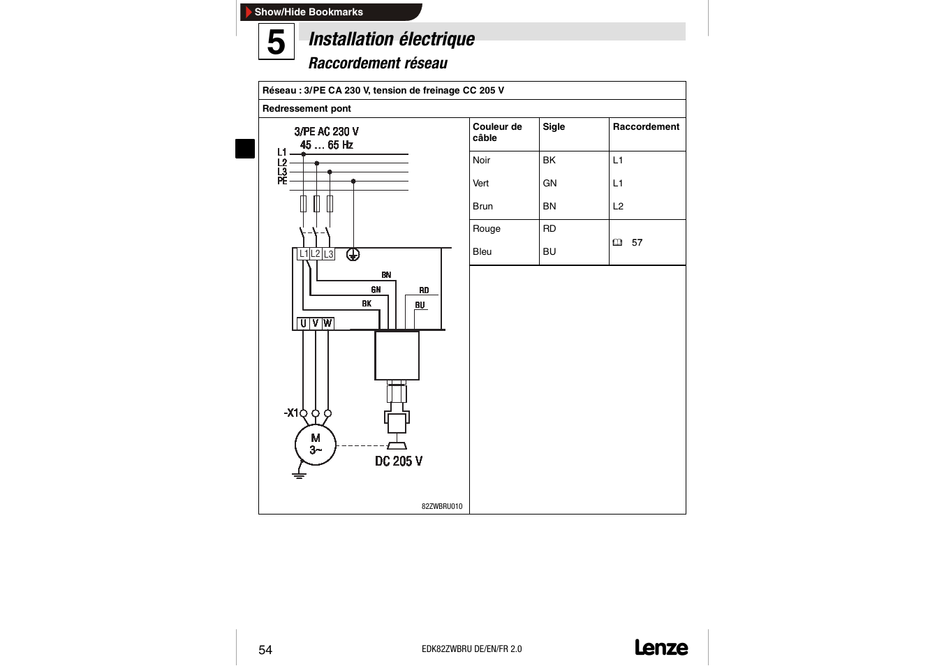 Installation électrique, Raccordement réseau | Lenze E82ZWBRU User Manual | Page 54 / 63