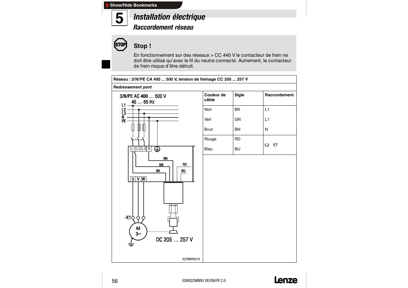 Installation électrique, Raccordement réseau, Stop | Lenze E82ZWBRU User Manual | Page 56 / 63