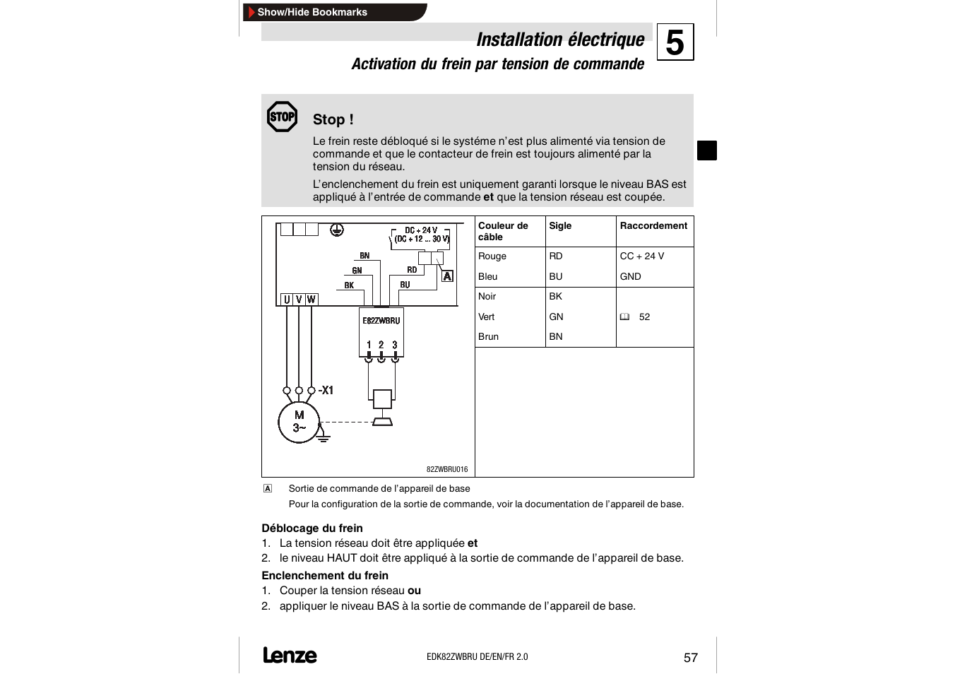 Activation du frein par tension de commande, Installation électrique, Stop | Lenze E82ZWBRU User Manual | Page 57 / 63