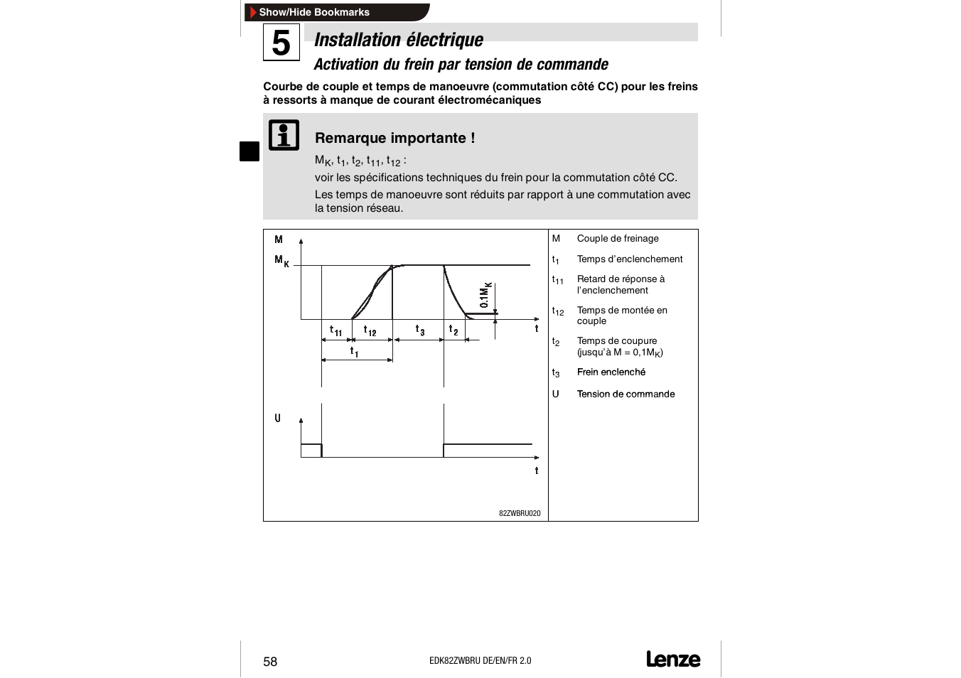 Installation électrique, Activation du frein par tension de commande, Remarque importante | Lenze E82ZWBRU User Manual | Page 58 / 63