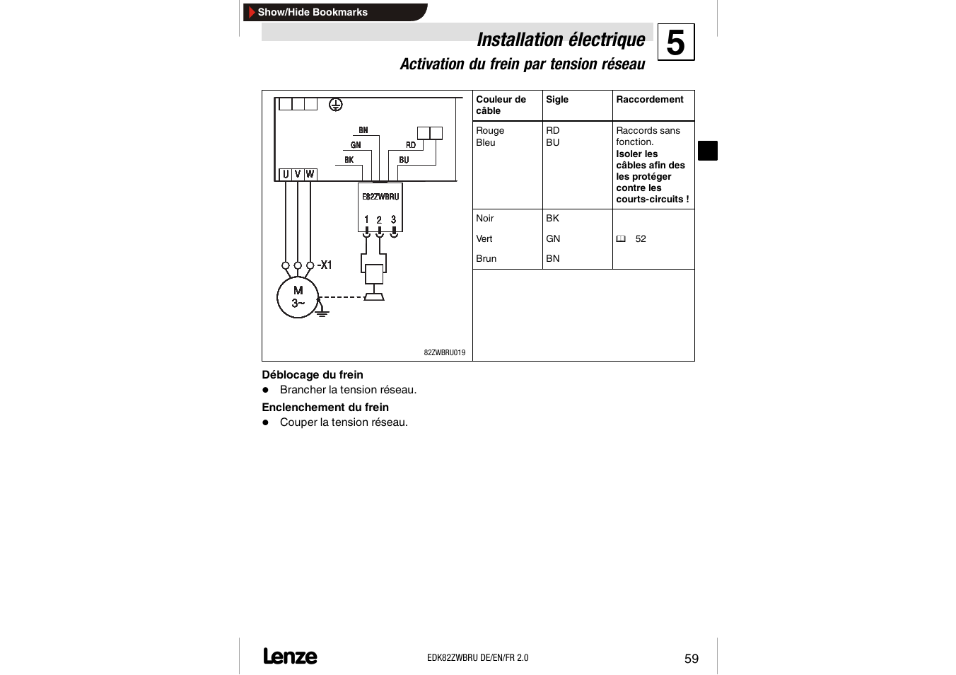 Activation du frein par tension réseau, Installation électrique | Lenze E82ZWBRU User Manual | Page 59 / 63