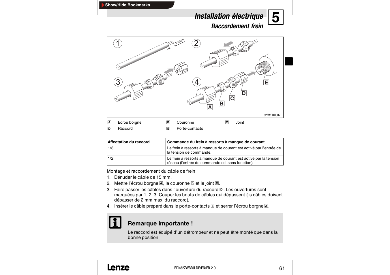 Raccordement frein, Installation électrique | Lenze E82ZWBRU User Manual | Page 61 / 63
