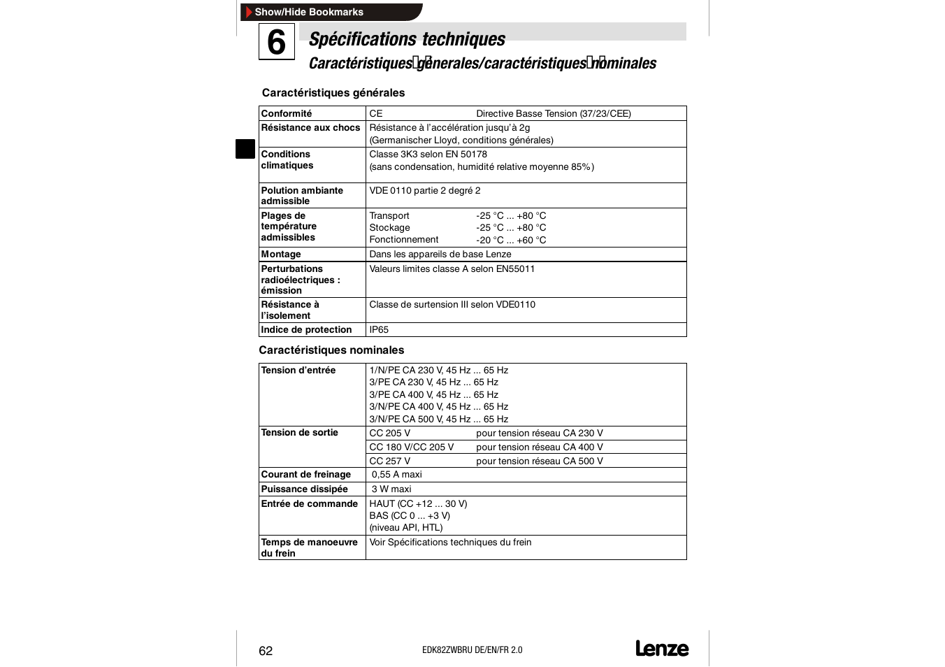 Spécifications techniques | Lenze E82ZWBRU User Manual | Page 62 / 63