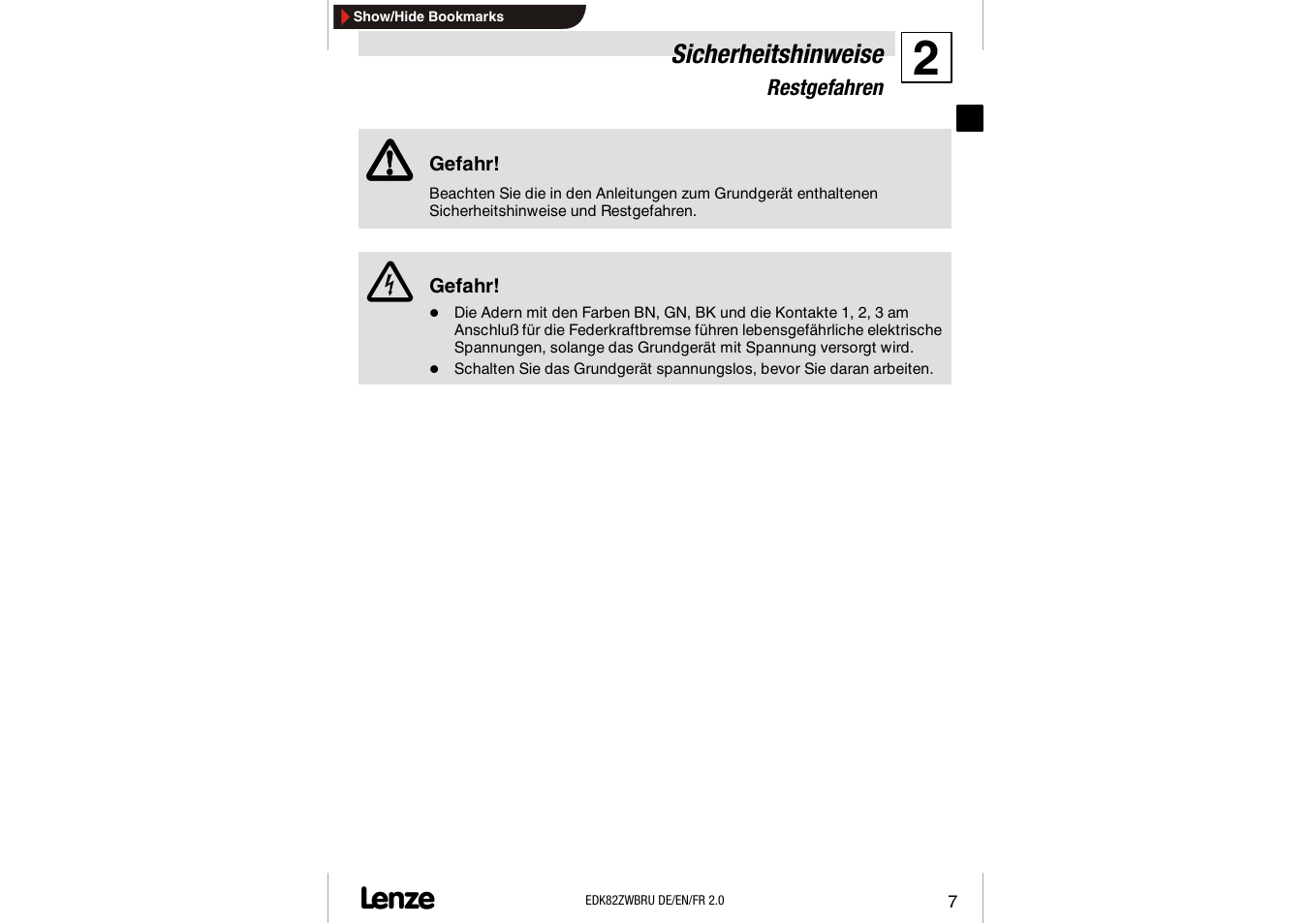 Sicherheitshinweise, Restgefahren | Lenze E82ZWBRU User Manual | Page 7 / 63