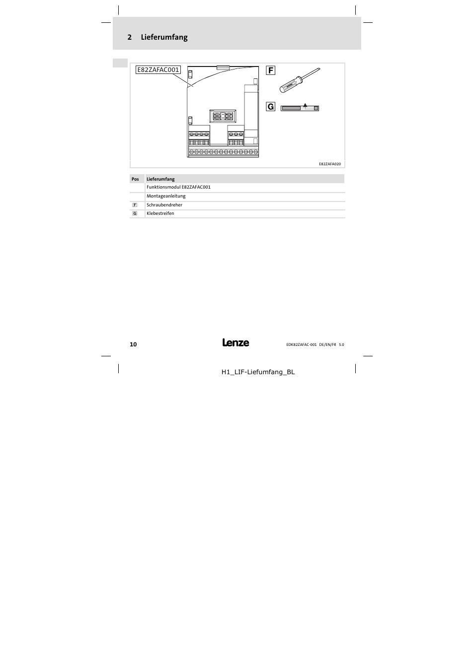 2 lieferumfang, Lieferumfang, 2lieferumfang | Lenze E82ZAFAC001 User Manual | Page 10 / 66