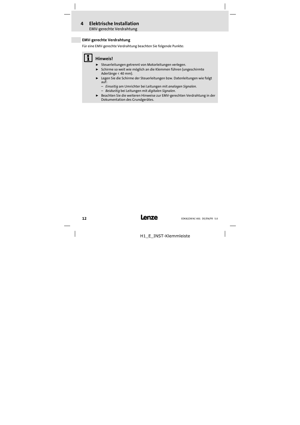 4 elektrische installation, Emv-gerechte verdrahtung, Elektrische installation | Emv−gerechte verdrahtung | Lenze E82ZAFAC001 User Manual | Page 12 / 66