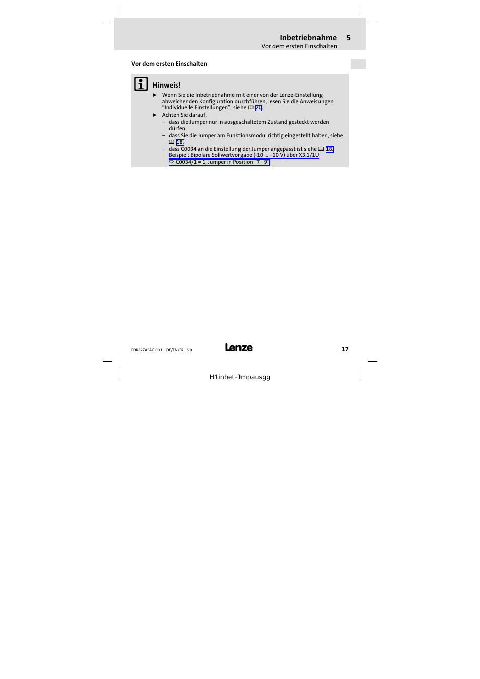 5 inbetriebnahme, Vor dem ersten einschalten, Inbetriebnahme | Lenze E82ZAFAC001 User Manual | Page 17 / 66