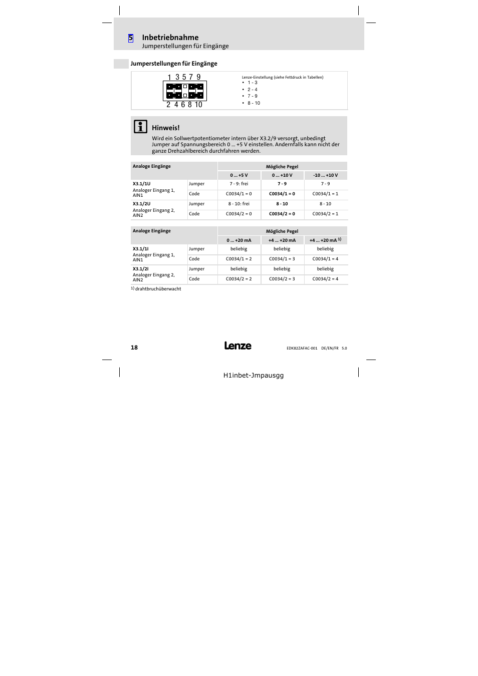 Jumperstellungen für eingänge, C0034/1 = 1, jumper in position "7 − 9, 5inbetriebnahme | Lenze E82ZAFAC001 User Manual | Page 18 / 66