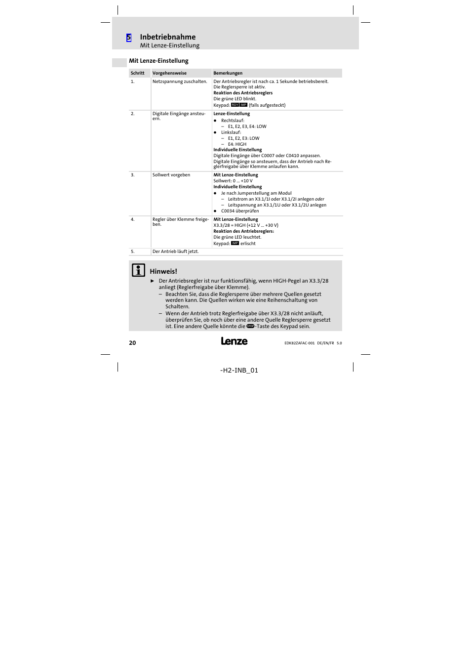 Mit lenze-einstellung, Mit lenze−einstellung, 5inbetriebnahme | Lenze E82ZAFAC001 User Manual | Page 20 / 66