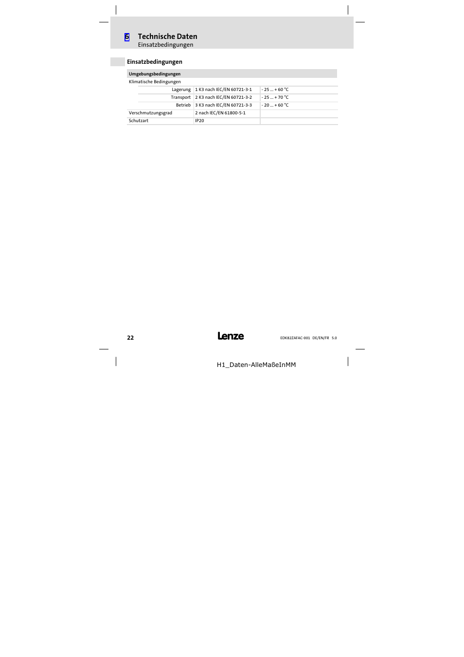 Einsatzbedingungen, 6technische daten | Lenze E82ZAFAC001 User Manual | Page 22 / 66