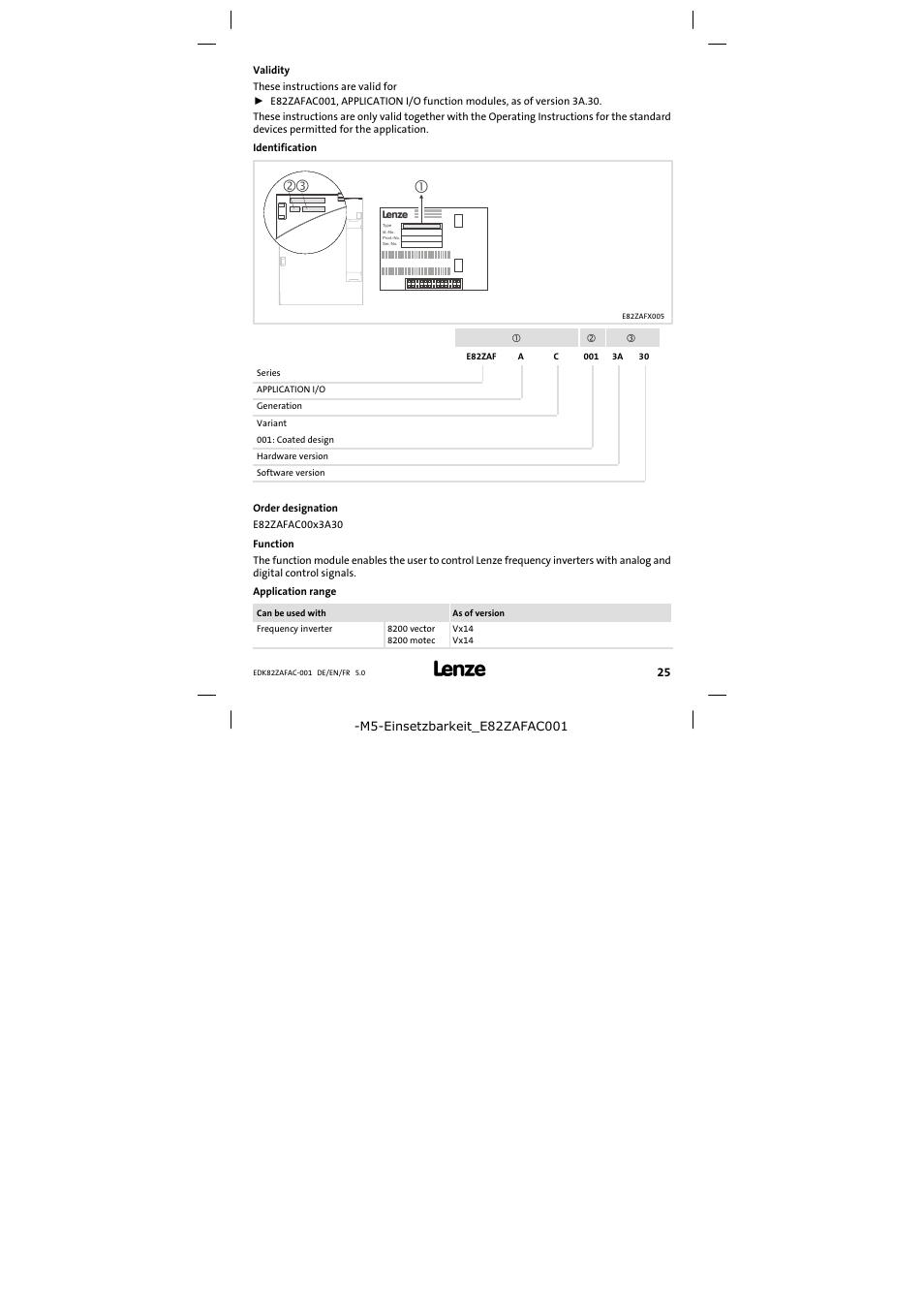 Validity | Lenze E82ZAFAC001 User Manual | Page 25 / 66