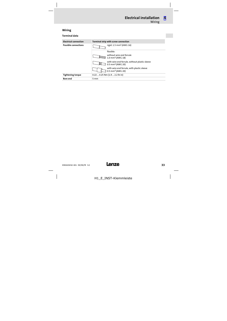 Wiring, Electrical installation | Lenze E82ZAFAC001 User Manual | Page 33 / 66