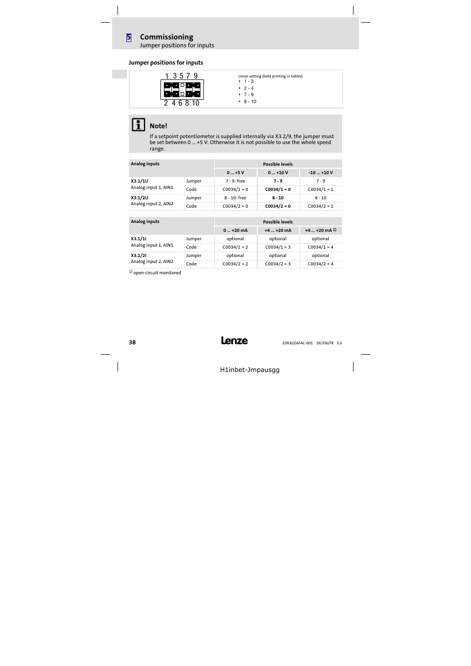 Jumper positions for inputs, C0034/1 = 1, jumper in position "7 − 9, 5commissioning | Lenze E82ZAFAC001 User Manual | Page 38 / 66