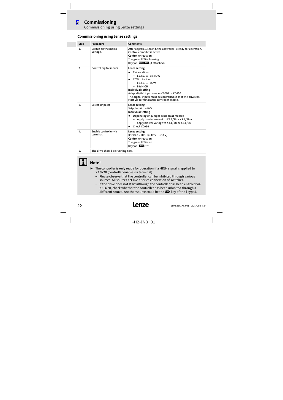 Commissioning using lenze settings, 5commissioning | Lenze E82ZAFAC001 User Manual | Page 40 / 66