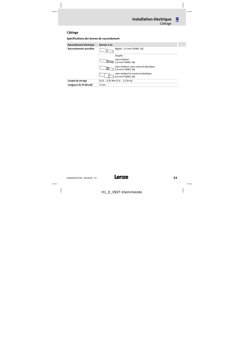 Câblage, Installation électrique | Lenze E82ZAFAC001 User Manual | Page 53 / 66