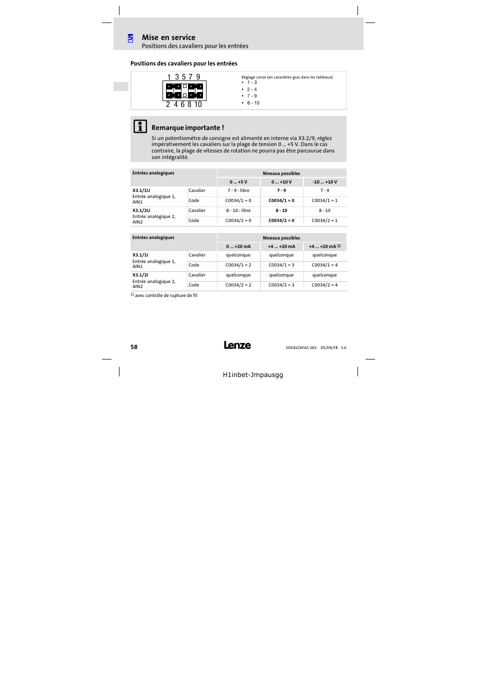 Positions des cavaliers pour les entrées, C0034/1 = 1, cavaliers en position "7 − 9, 5mise en service | Lenze E82ZAFAC001 User Manual | Page 58 / 66