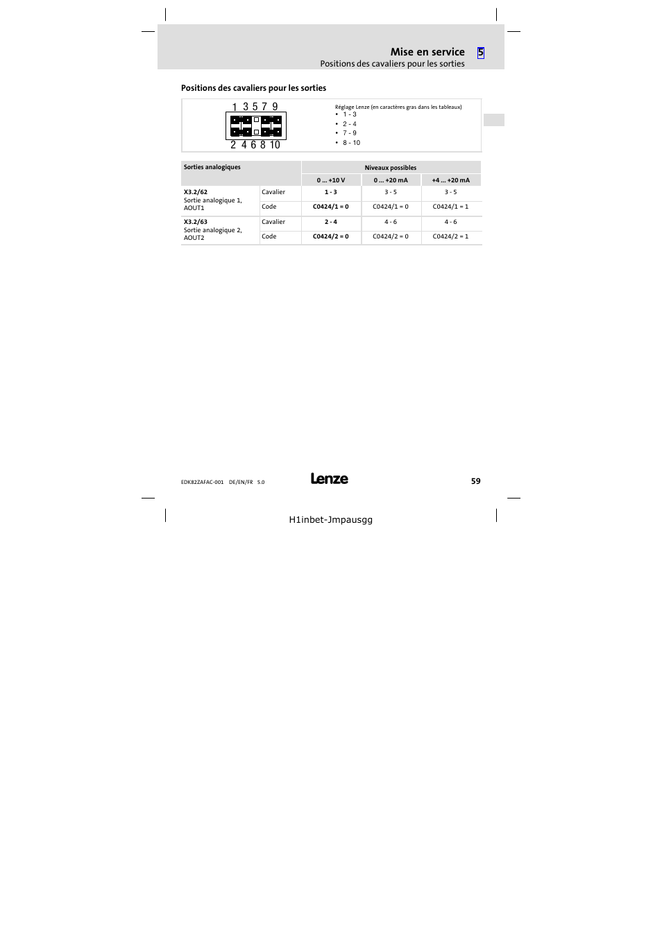 Positions des cavaliers pour les sorties, Mise en service | Lenze E82ZAFAC001 User Manual | Page 59 / 66